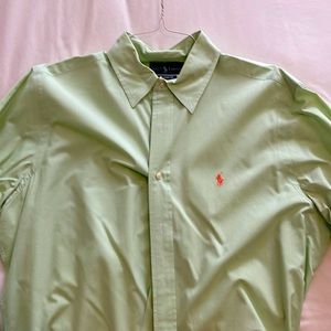 Green polo dress shirt with orange polo emblem. Always dry cleaned. Size 16 1/2